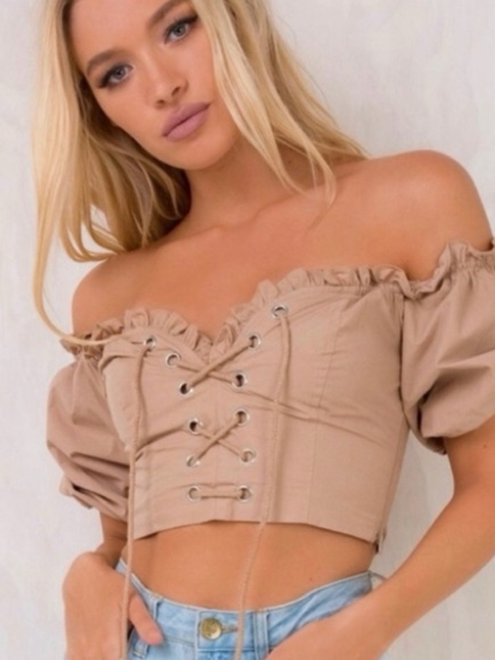 I.AM.GIA Alya Off-Shoulder Lace Up Corset Crop Top Tan XS EUC
